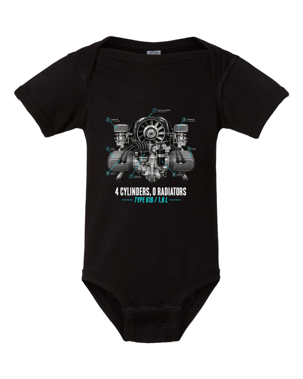 Engine hero print of the Porsche 356 Type 616 1.6 L flat-four with the caption 4 cylinders 0 radiators black baby onesie front view with the design