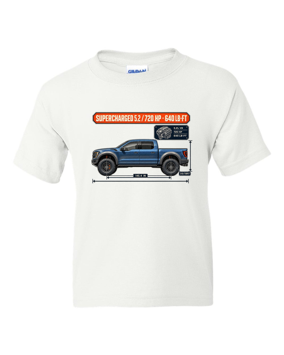 Ford F-150 Raptor R 2023 dimension blueprint print with 720 HP spec white kids tee front view with the design