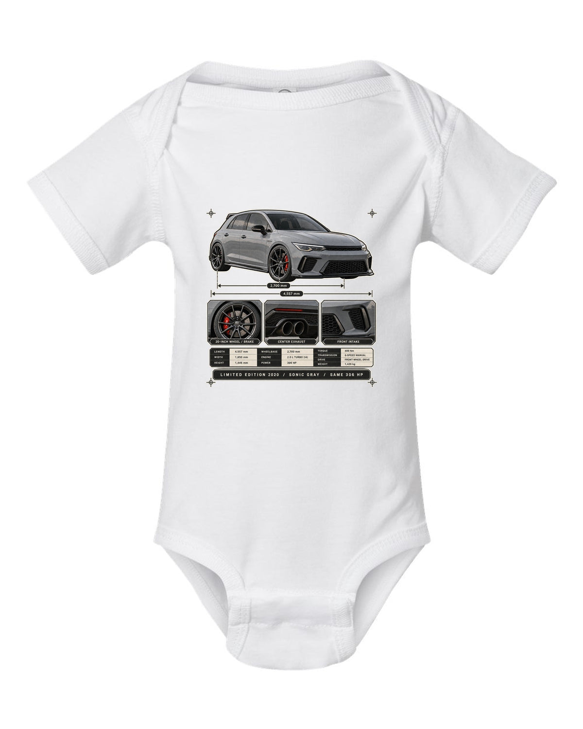 Dossier panel print of a Sonic Gray Pearl Honda Civic Type R FK8 Limited Edition white baby onesie front view with the design