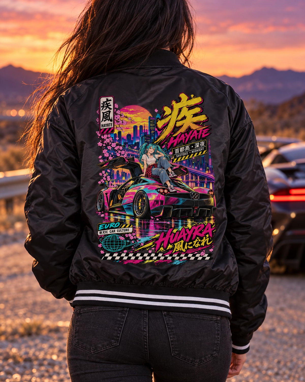 HAYATE HUAYRA Anime Girl Full-Back Graphic Tee Bomber Jacket Black worn hero