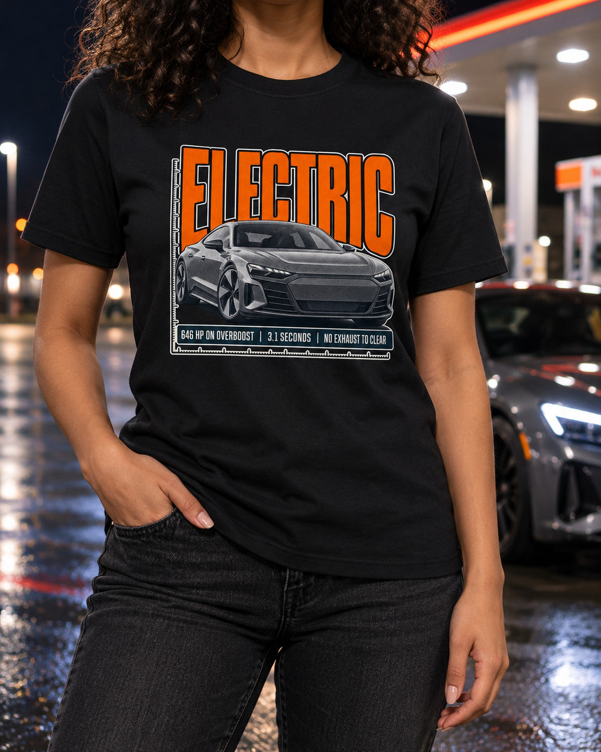 Audi RS e-tron GT Halftone Statement Tee, 646 HP Overboost Shirt T-Shirt Black worn hero