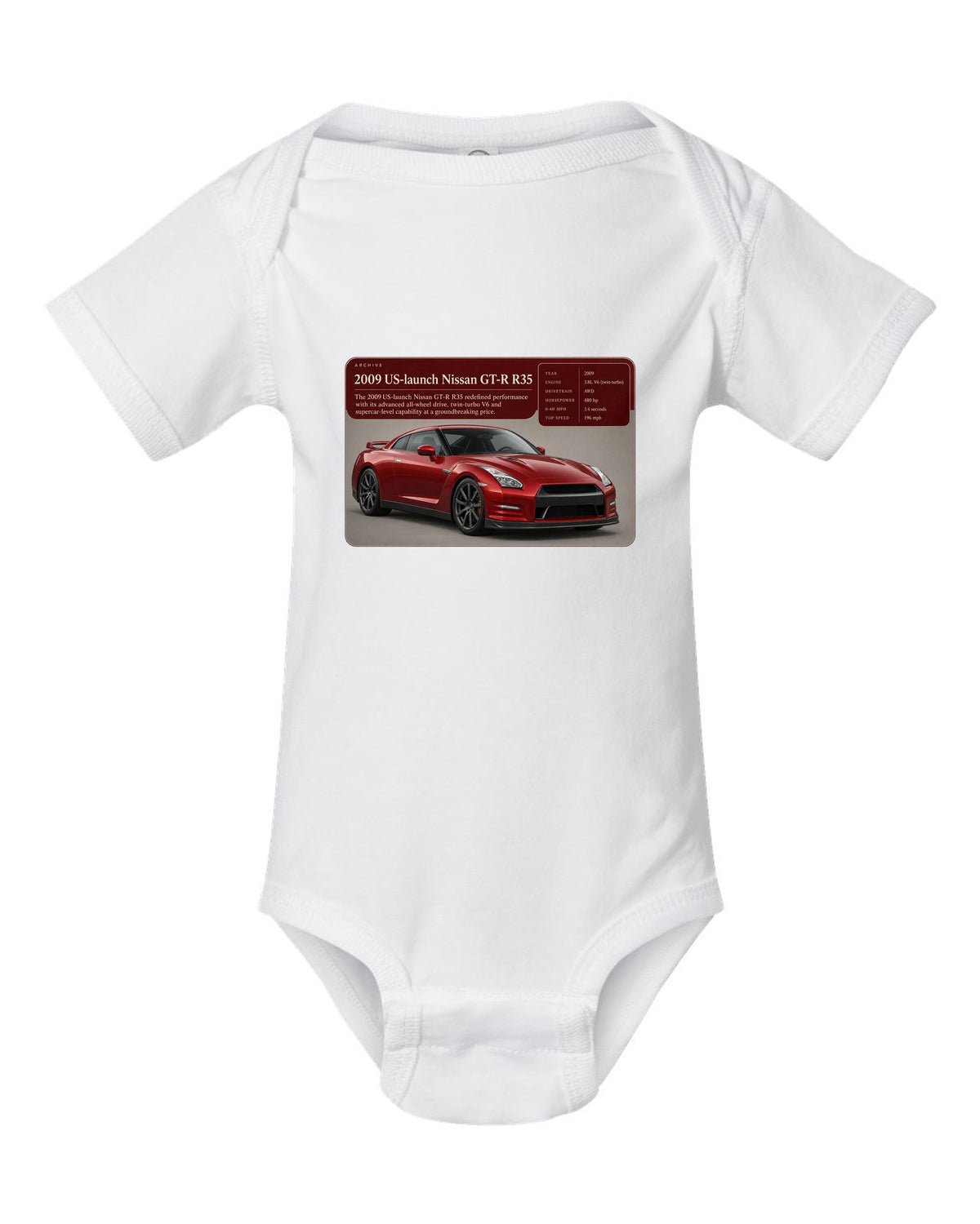 Archive panel print of a deep red 2009 US launch Nissan GT-R R35 white baby onesie front view with the design