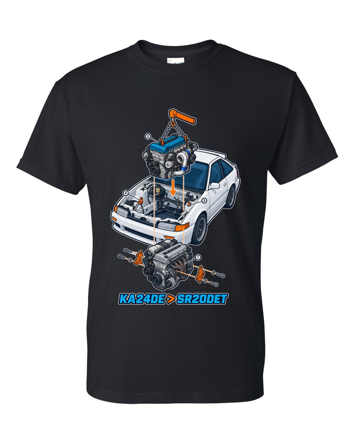 Exploded isometric engine cutaway for a Nissan S13 KA24DE to SR20DET swap black t-shirt front view with the design
