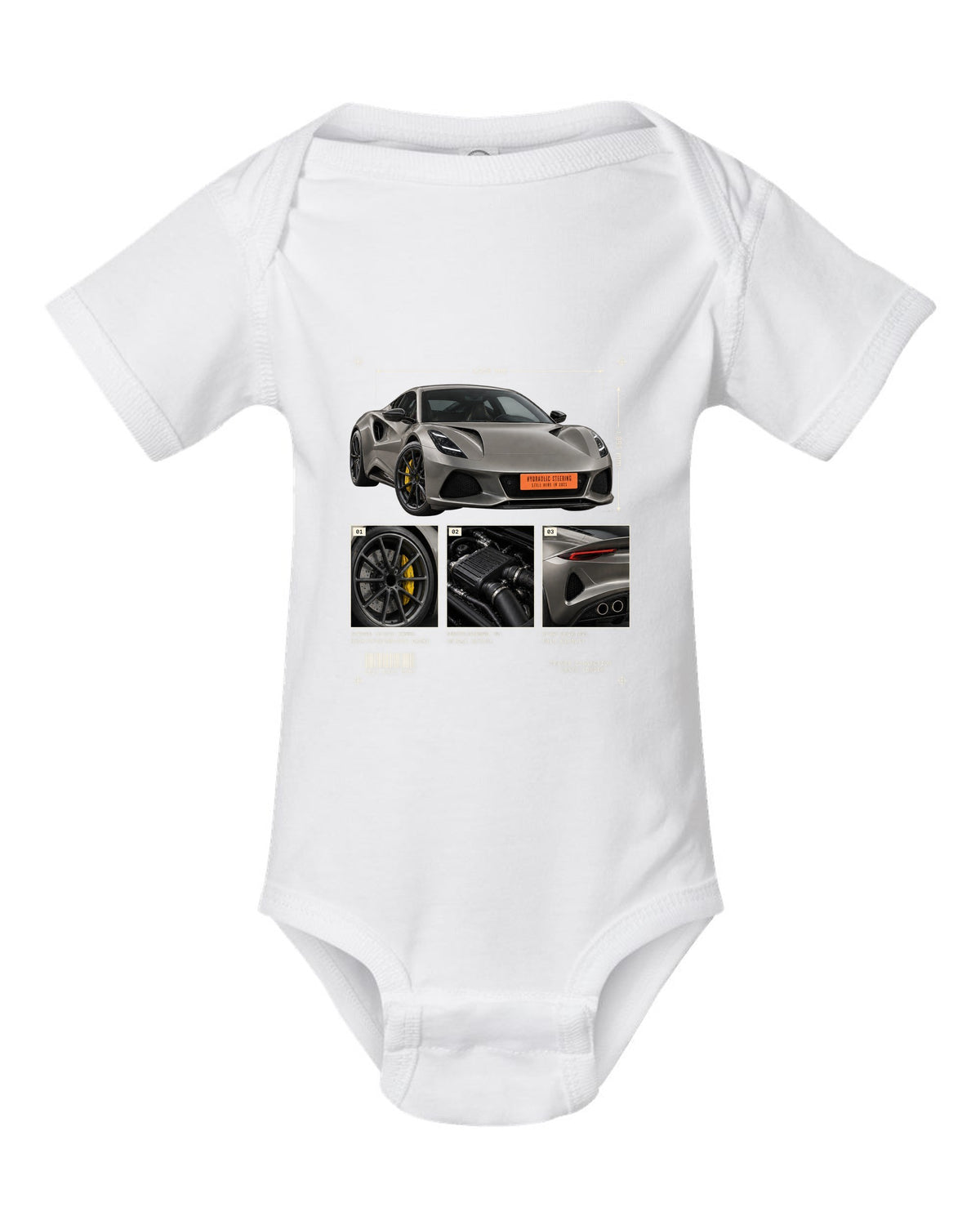 Lotus Emira V6 2021 hero view with three detail panels print with hydraulic steering text white baby onesie front view with the design