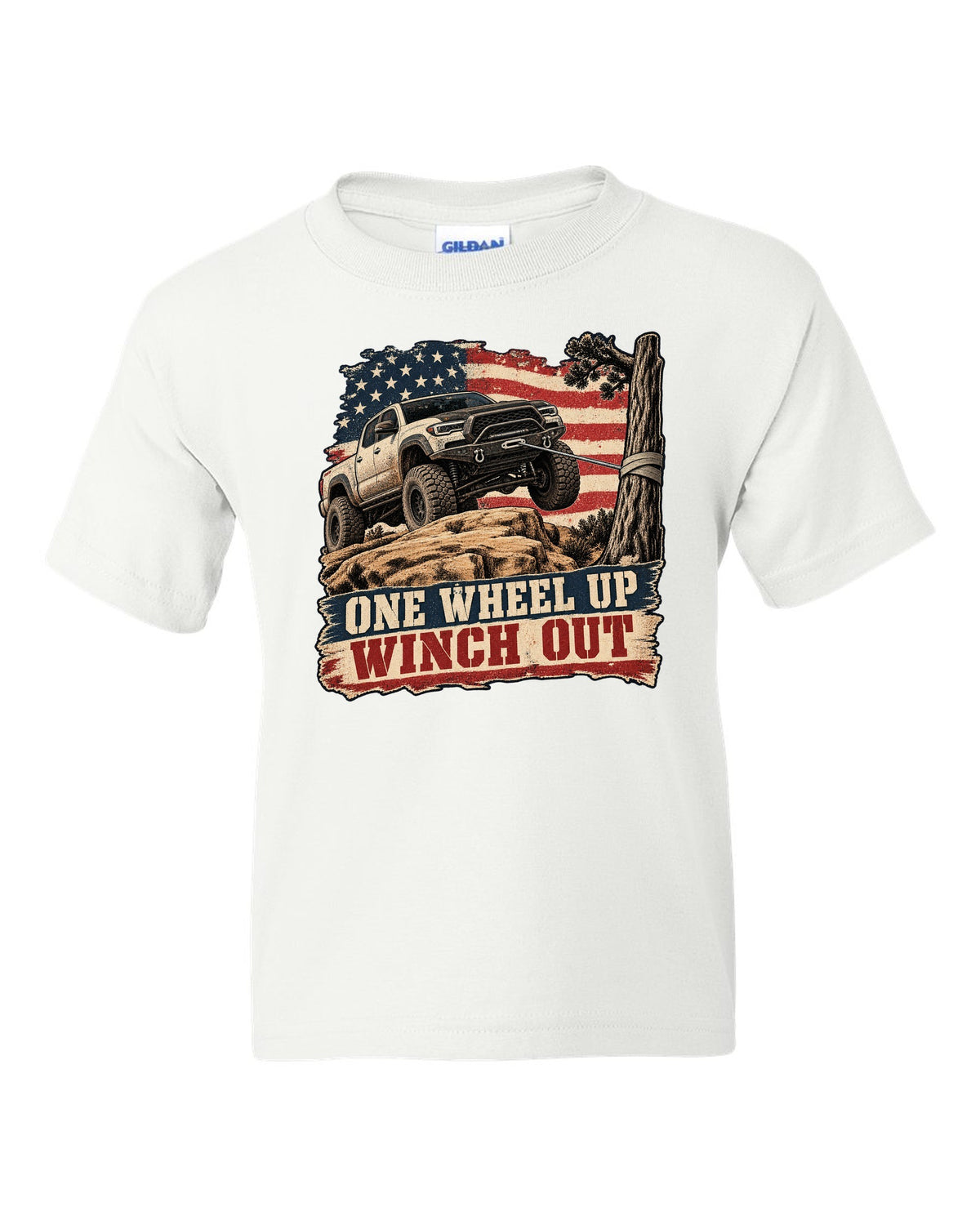 Distressed screen-print print of a Ram 2500 Power Wagon with one wheel lifted on a ledge white kids tee front view with the design