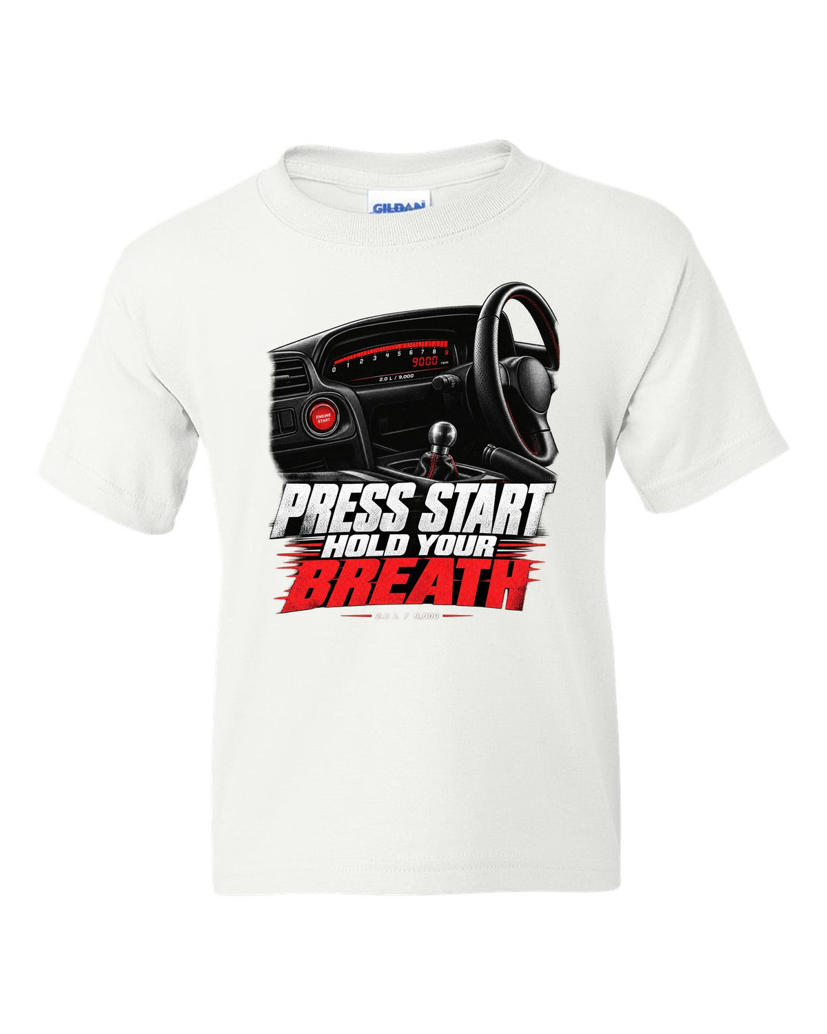 Honda S2000 AP1 roadster cockpit gauge design with press start text white kids tee front view with the design