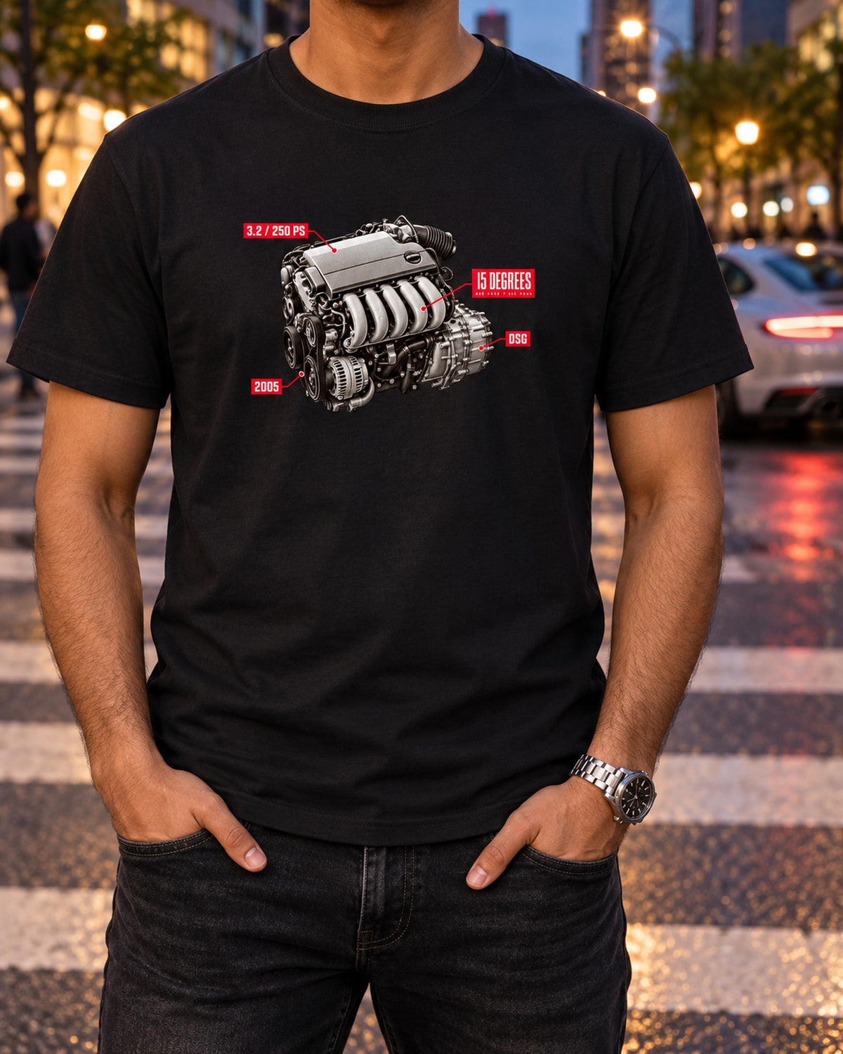VW Golf R32 Mk5 VR6 Engine Hero print Tee, Car Gift T-Shirt Black worn hero