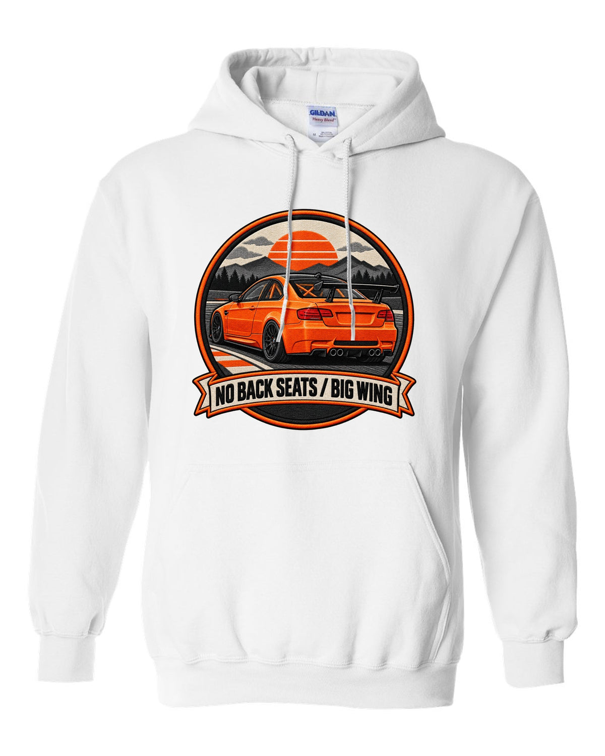 BMW E92 M3 GTS crest print with no back seats big wing text white pull over hoodie front view with the design