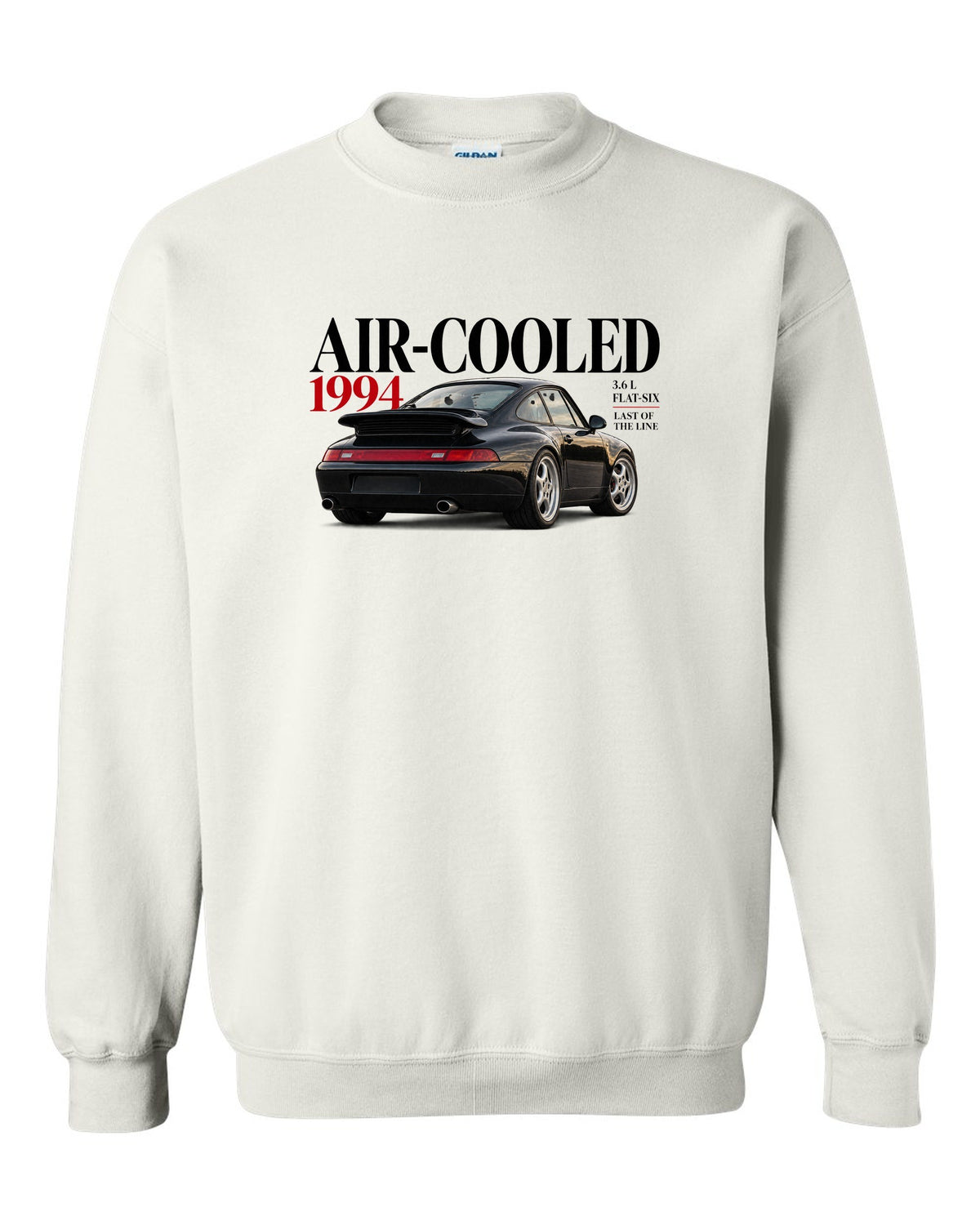 Editorial print of a Porsche 911 993 Carrera coupe with Air-Cooled 1994 3.6 L flat-six lettering white crewneck front view with the design