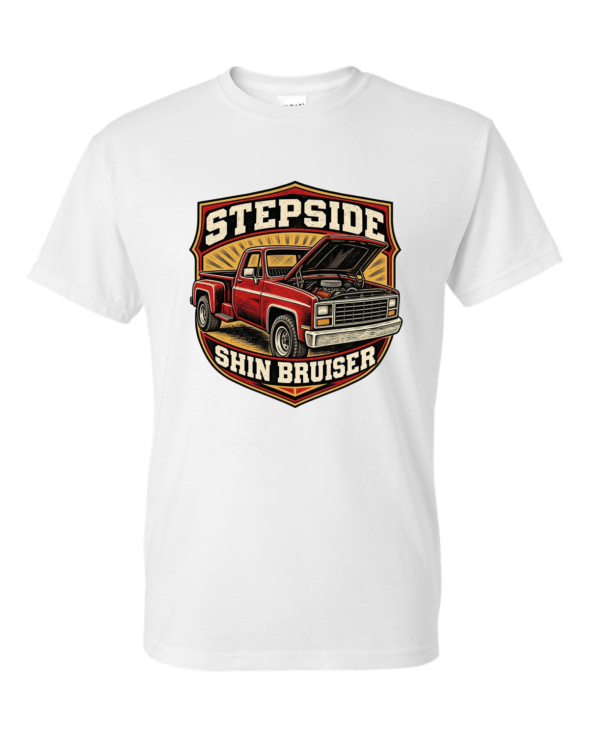 Linocut woodcut print of a 1973-87 Chevrolet C10 Squarebody Stepside with hood up and shin bruiser text white t-shirt front view with the design