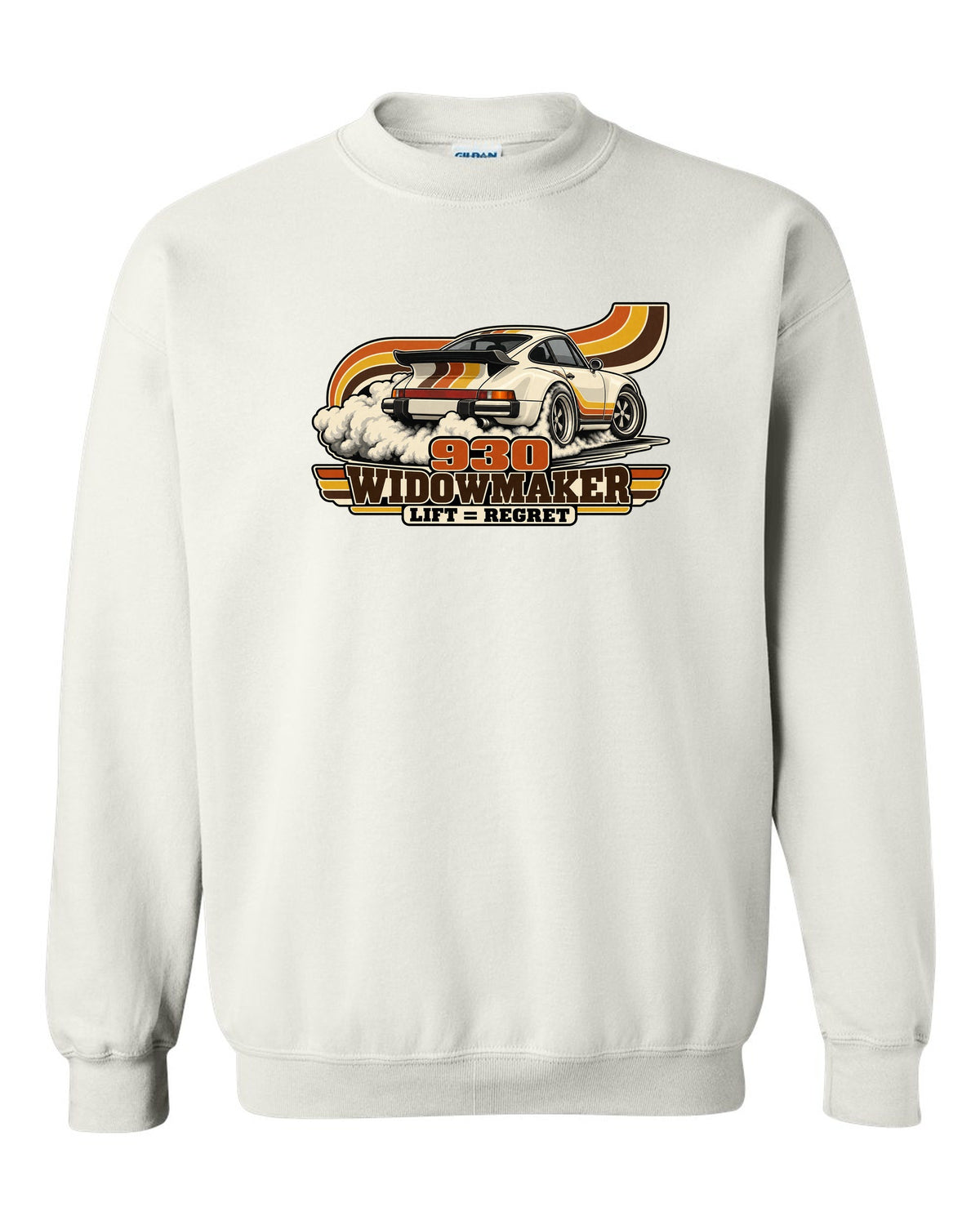 Retro 70s striped illustration of a Porsche 911 Turbo 930 with whale tail white crewneck front view with the design