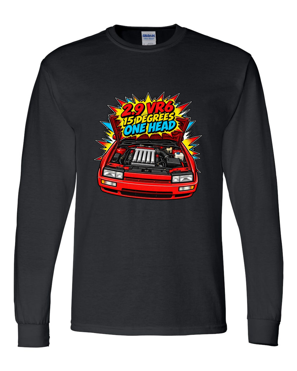 Comic halftone pop-art VW Corrado VR6 with 2.9 VR6 15 degrees one head text black long sleeve front view with the design