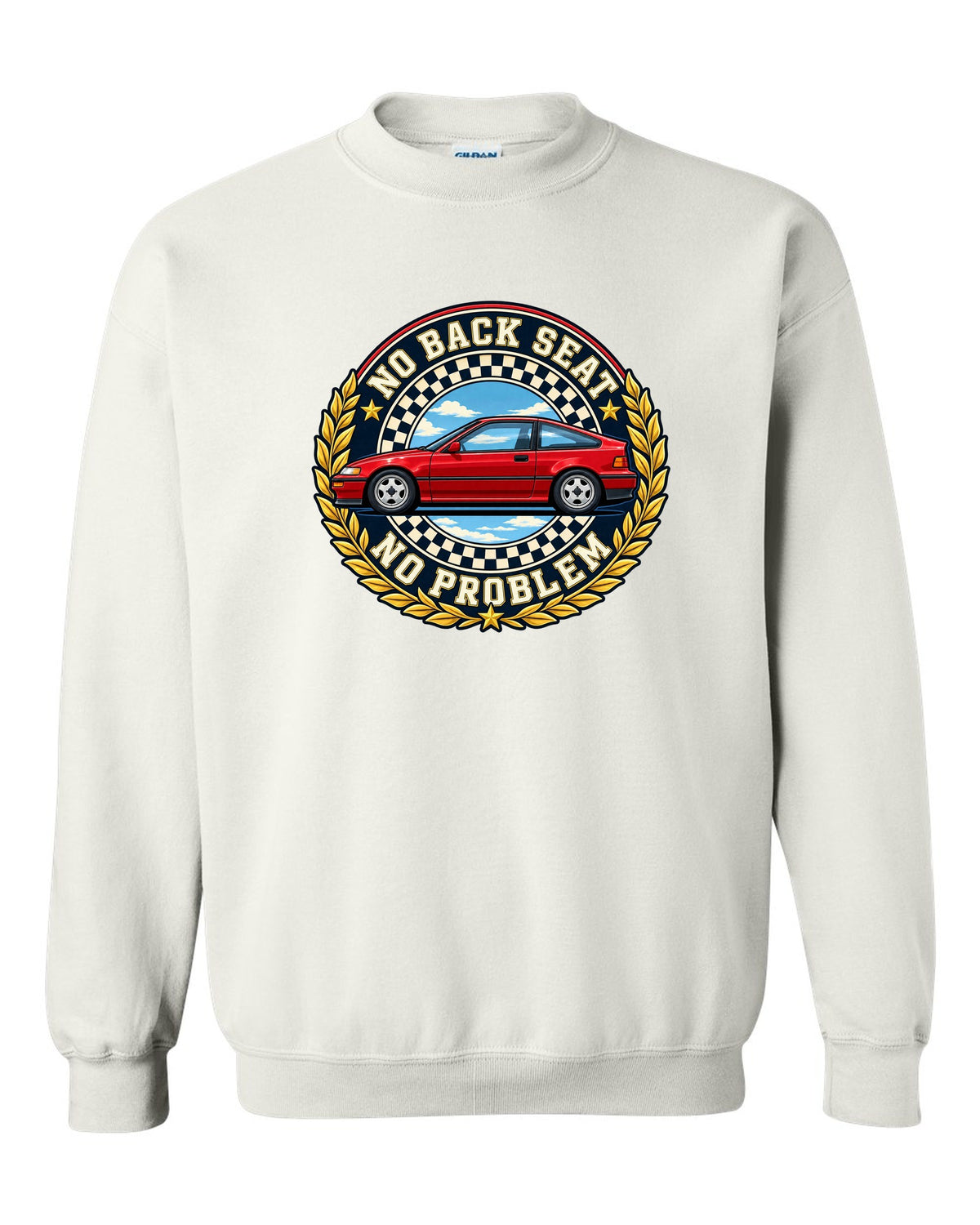 Crest layout print for the Honda CRX EF8 with no back seat text white crewneck front view with the design