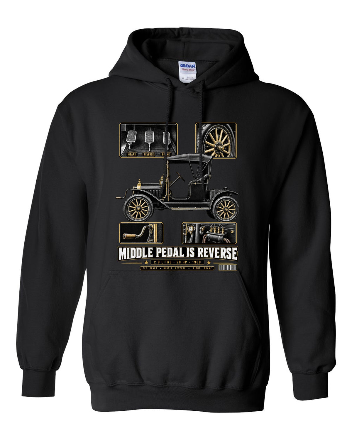 Dossier panel print of a Ford Model T runabout showing its three pedals black pull over hoodie front view with the design