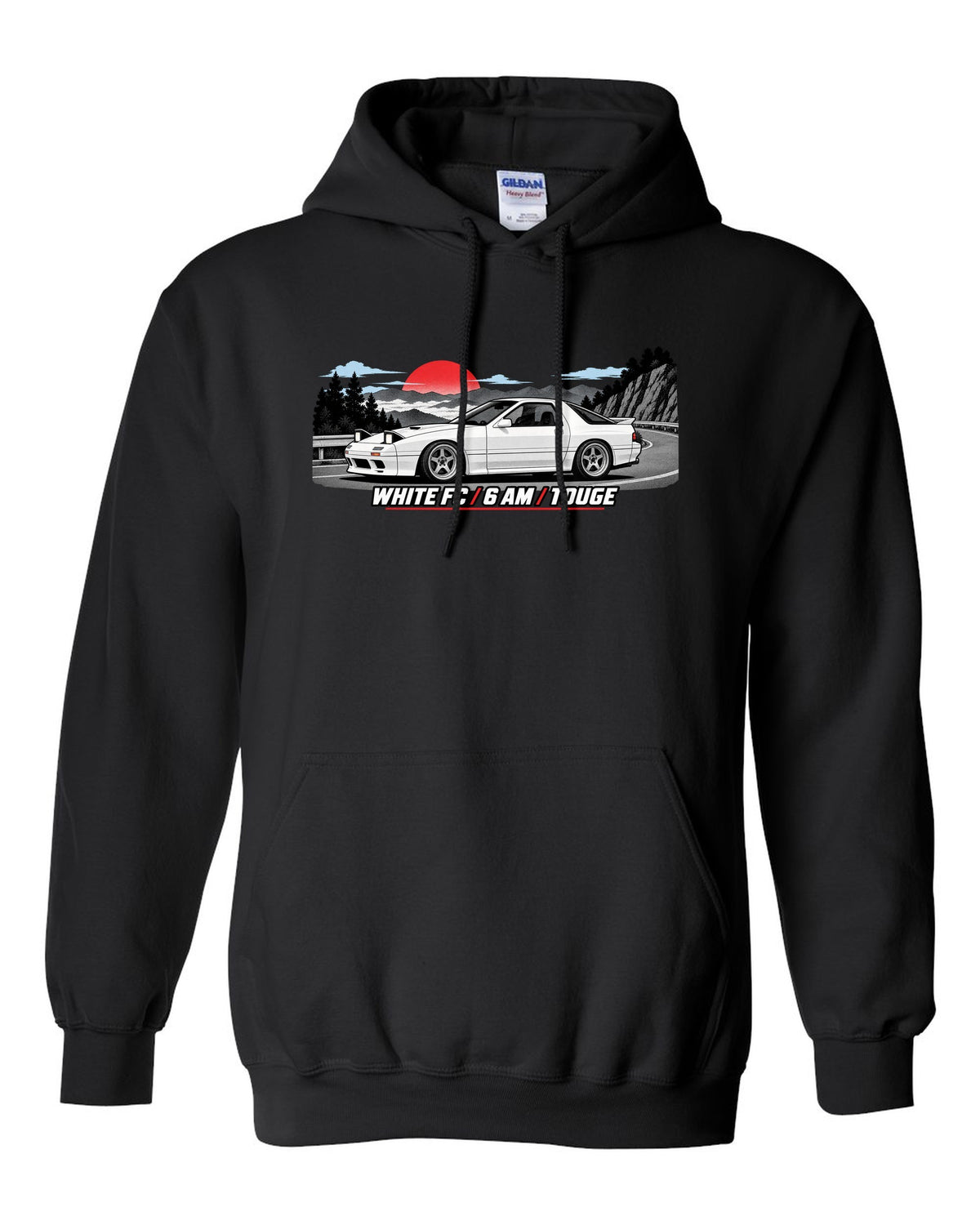 Pixel art print of a Mazda RX-7 SA22C with the text Compression, W's T black pull over hoodie front view with the design