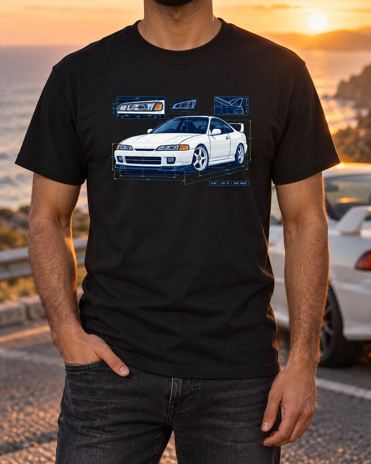Honda Integra DC2 Headlight Blueprint Shirt, B18C Print T-Shirt Black worn hero