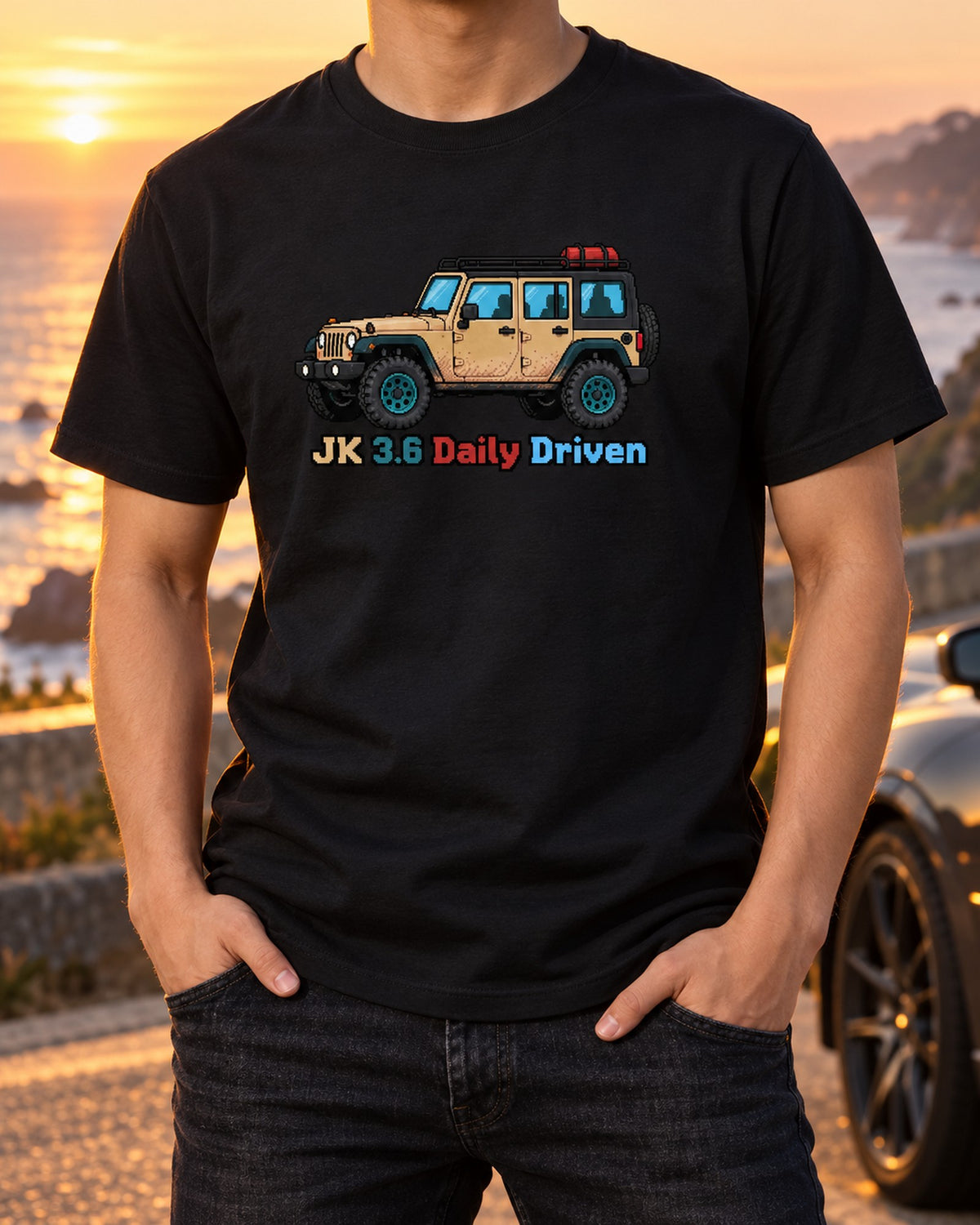 Jeep JK Wrangler 3.6 Daily Driven 16-Bit Pixel Art Tee T-Shirt Black worn hero