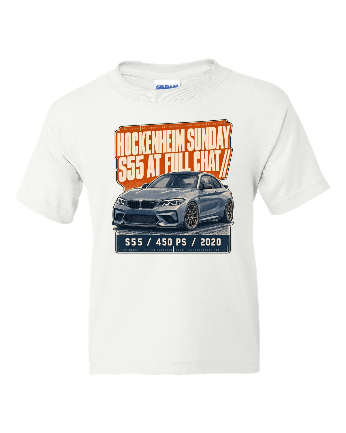 BMW M2 CS F87 halftone statement print with Hockenheim Sunday and S55 text white kids tee front view with the design