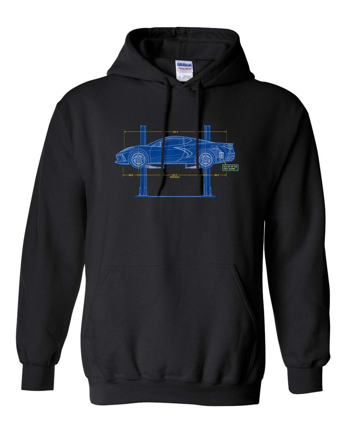 Retro manga halftone panel of a 2023 Chevrolet Corvette C8 Z06 with dry sump oil lettering black pull over hoodie front view with the design