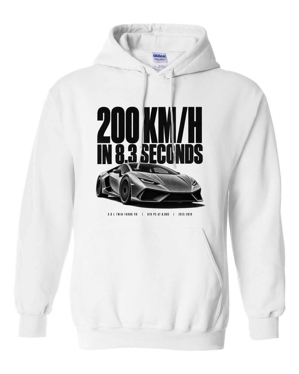 Halftone print of a Ferrari 488 GTB front three-quarter with the text 200 km/h in 8.3 seconds white pull over hoodie front view with the design