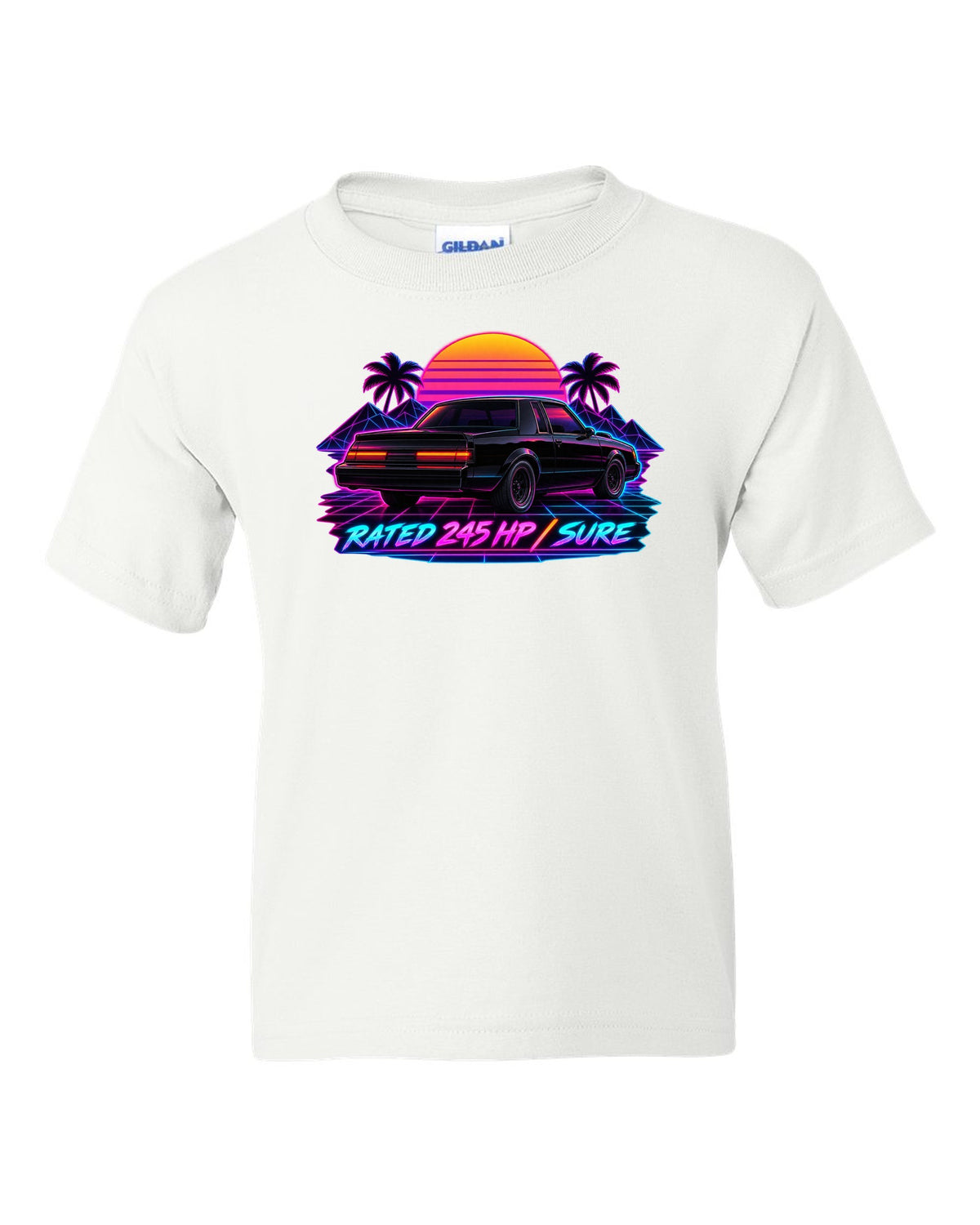 Synthwave print of 1987 Buick Grand National taillights with the text Rated 245 HP, Sure white kids tee front view with the design