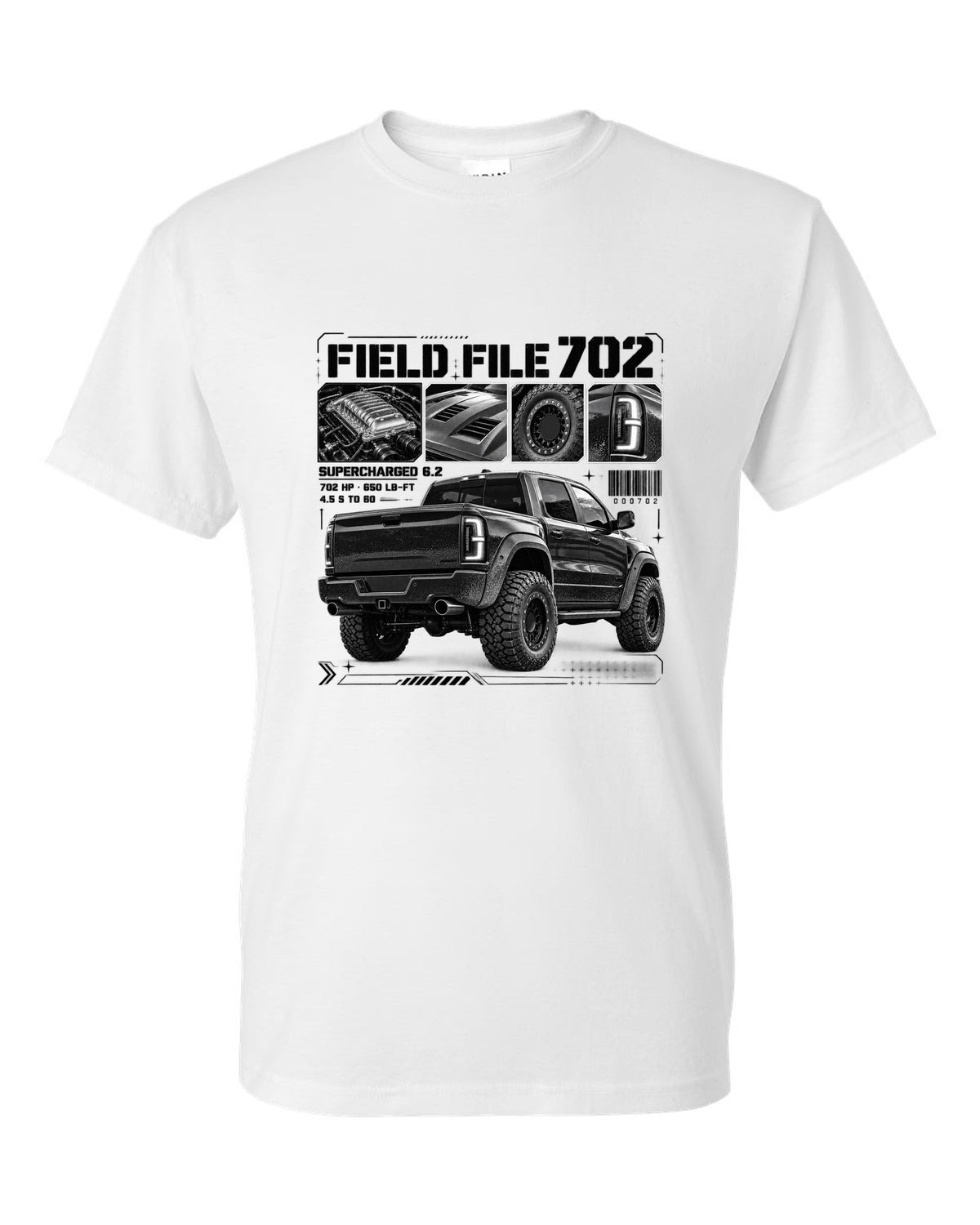Dossier panels of a 2021-2024 Ram 1500 TRX with Field File 702, supercharged 6.2, 4.5 s to 60 white t-shirt front view with the design