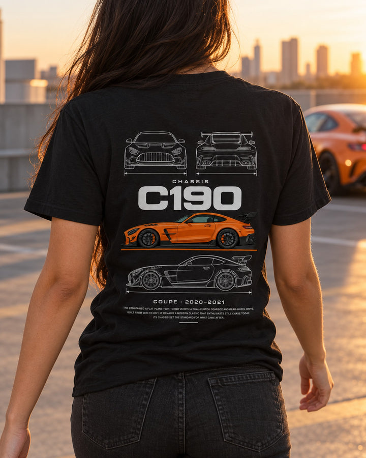 Mercedes AMG GT Black Series coupe Blueprint Full-Back Graphic Tee, C190 Chassis Code T-Shirt Black worn hero