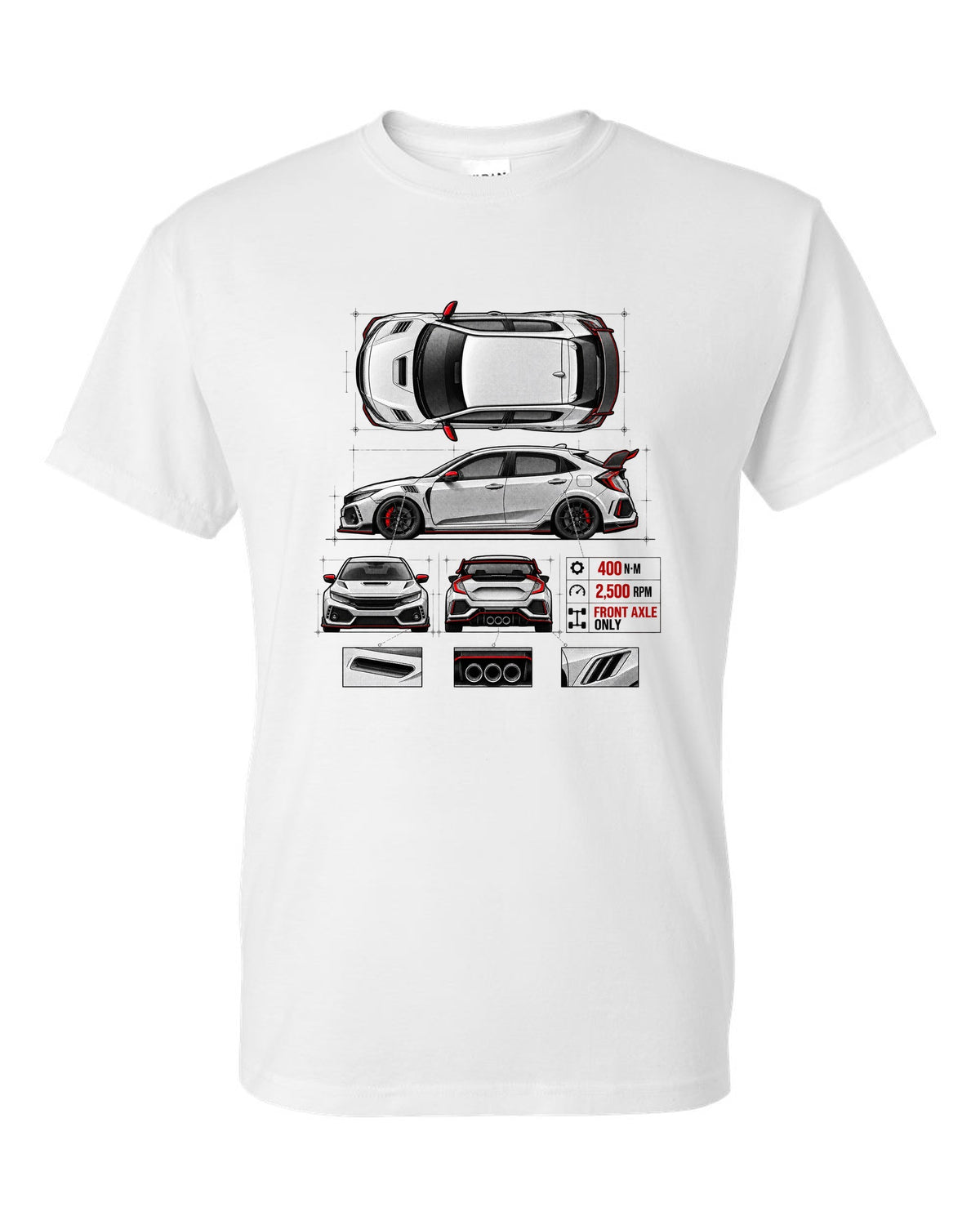 Spec poster print of a 2018 Honda Civic FK8 chback with torque figures white t-shirt front view with the design