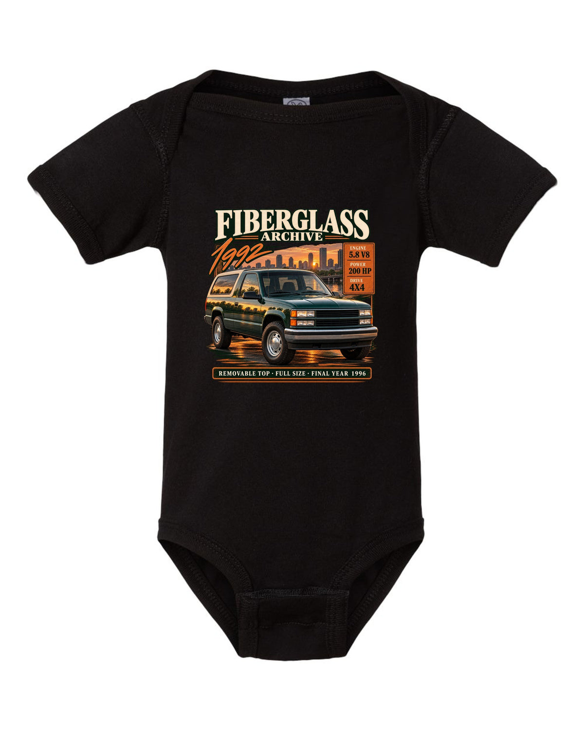 Ford Bronco OBS 1992-96 fiberglass archive panel print with 5.8 V8 and final year 1996 black baby onesie front view with the design
