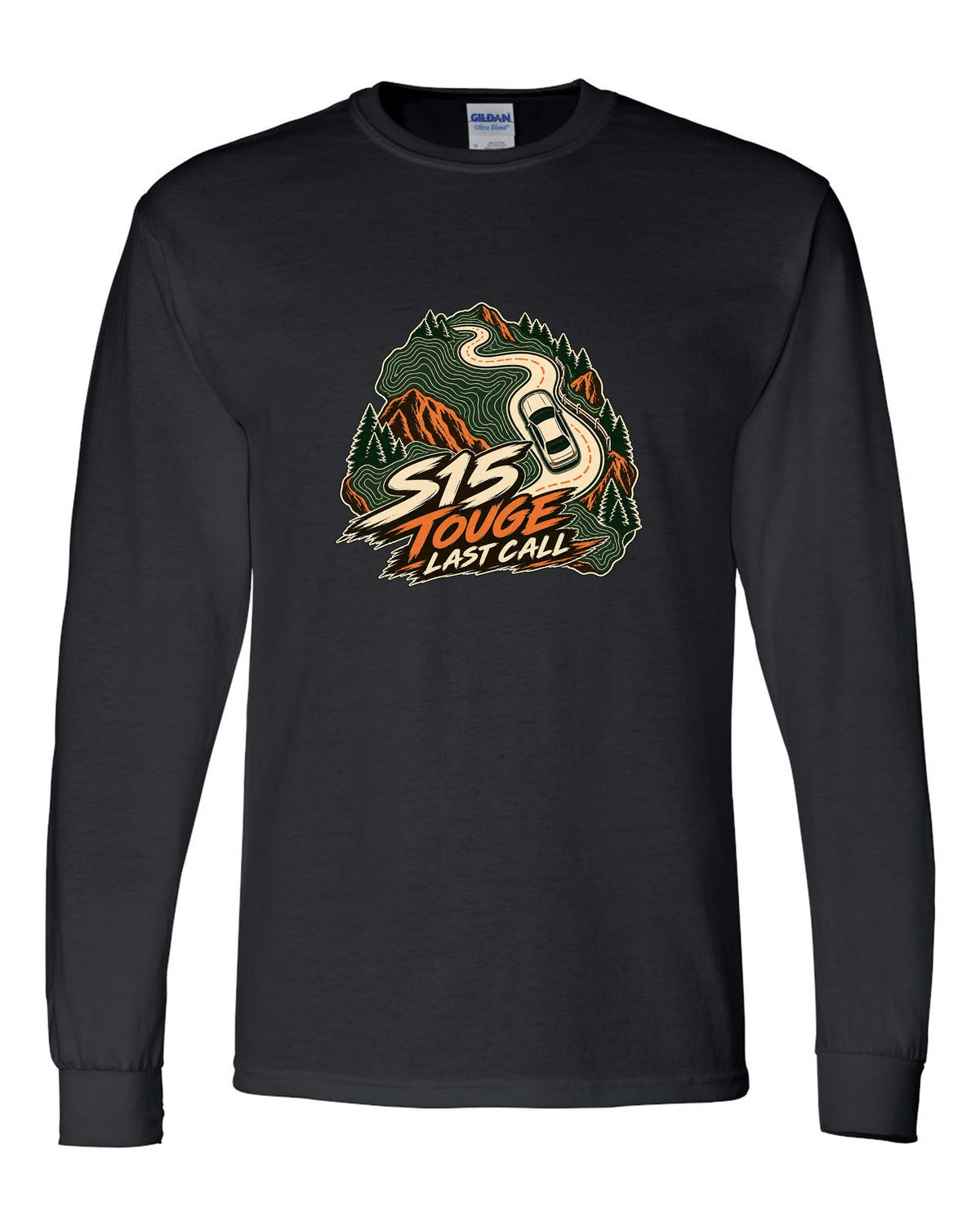 Topographic contour map line art of a mountain road with a Nissan Silvia S15 black long sleeve front view with the design