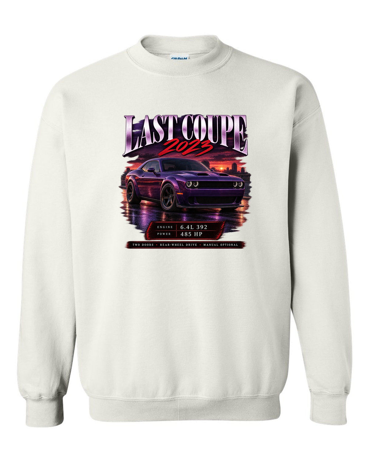 2023 Dodge Challenger Scat Pack Widebody archive panel print with last coupe lettering white crewneck front view with the design