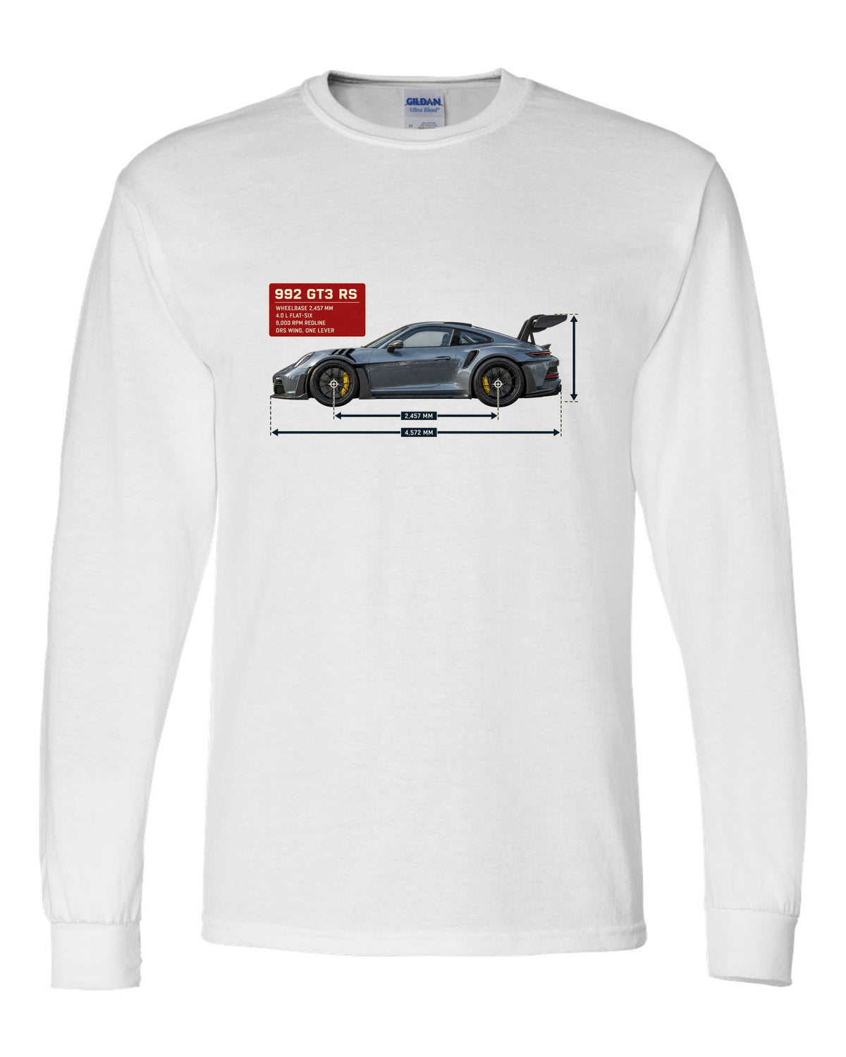 Porsche 992 GT3 RS dimension blueprint print design white long sleeve front view with the design