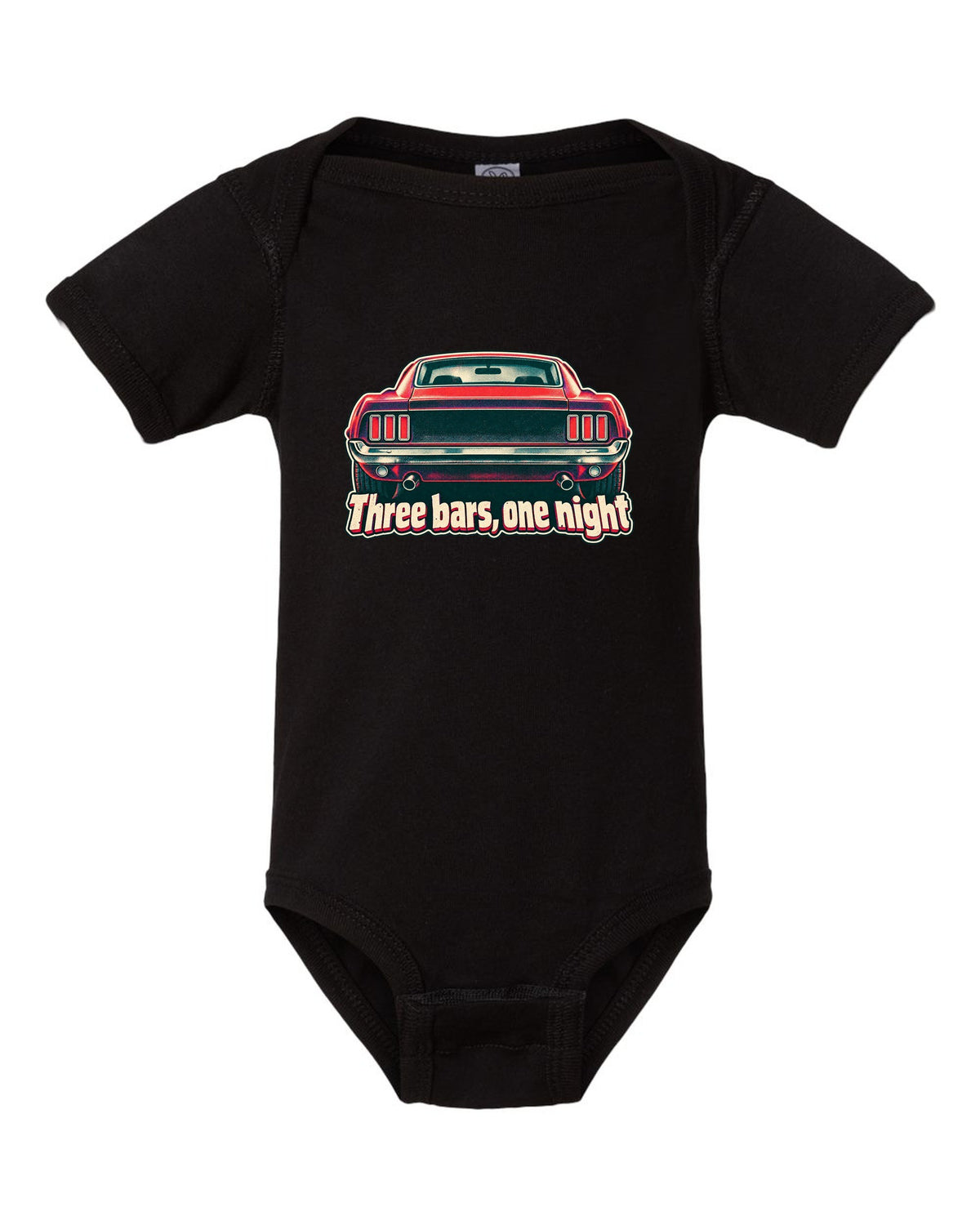 Risograph halftone print of the 1969 Ford Mustang fastback taillights with three bars black baby onesie front view with the design