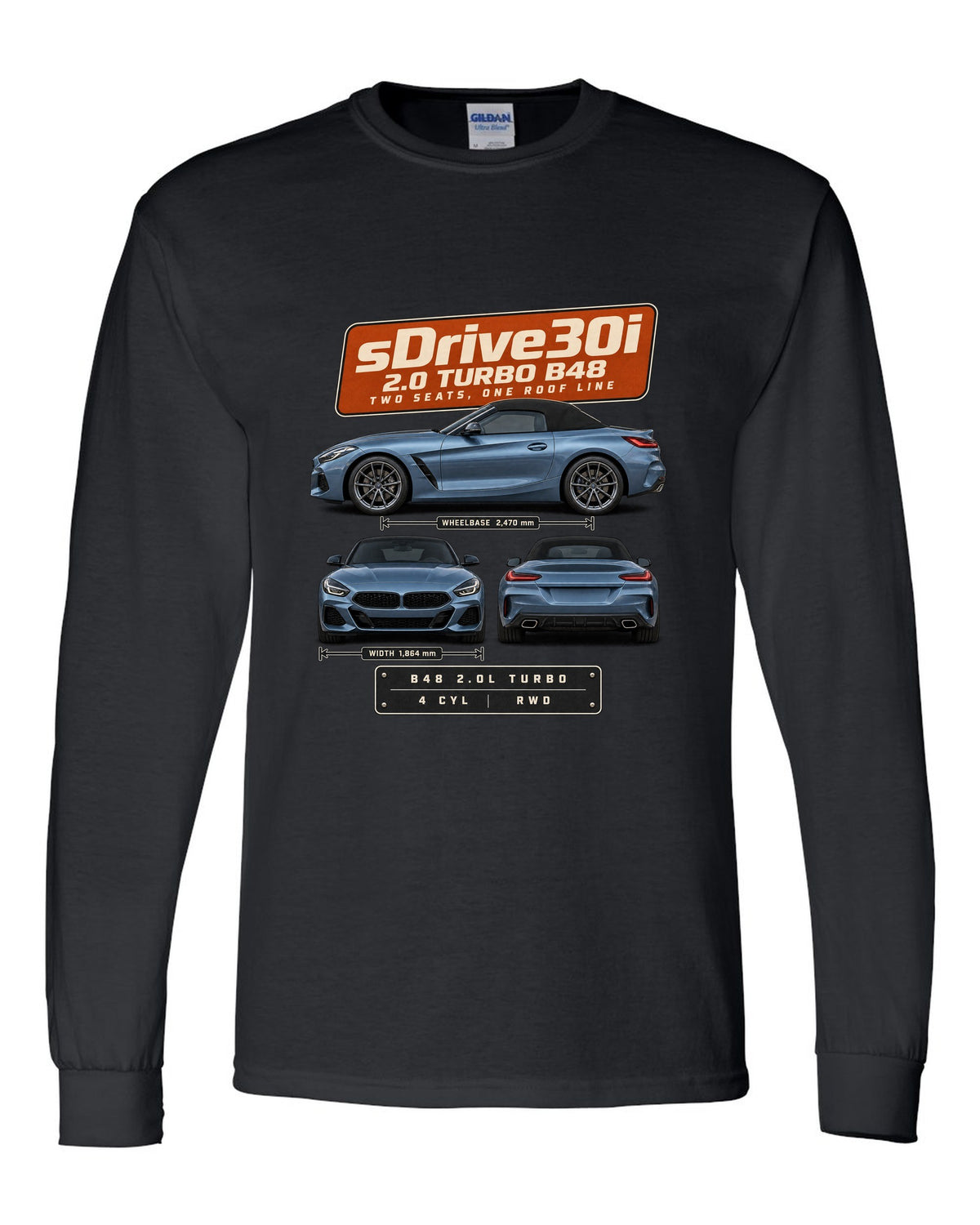 Three-view drawing and spec table print of the BMW Z4 sDrive30i G29 black long sleeve front view with the design