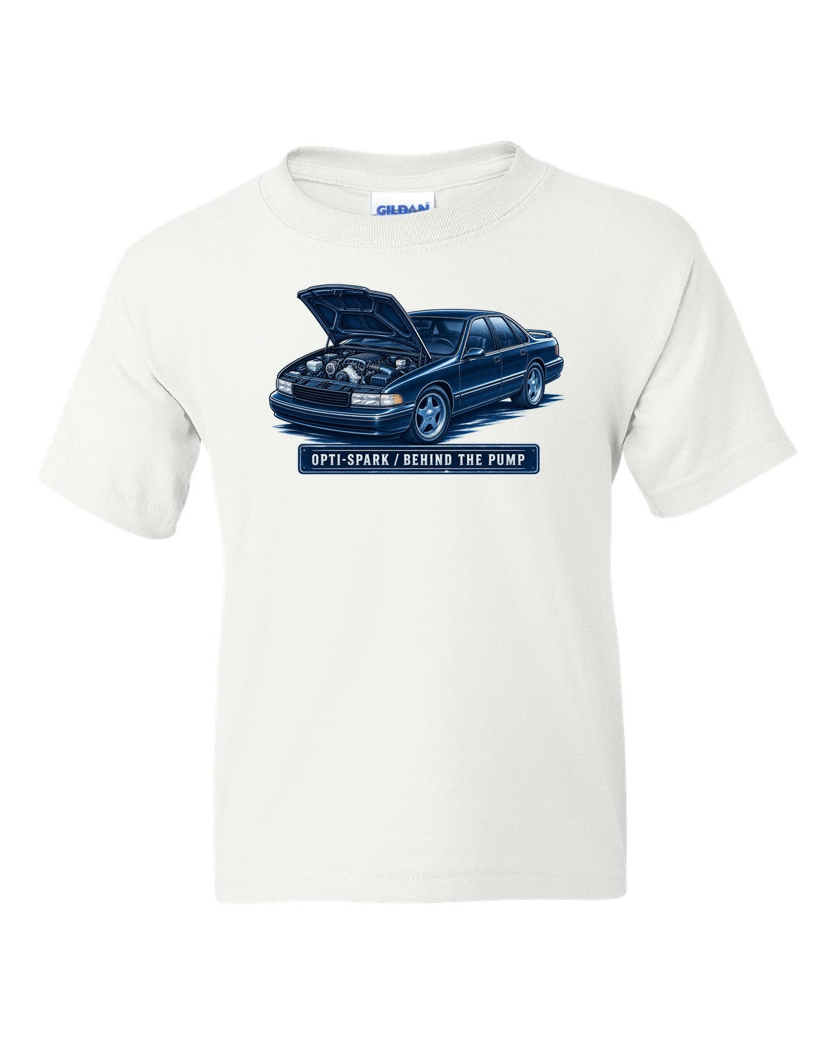 Cyanotype white-line illustration of a 1995 Chevrolet Impala SS with Opti-Spark lettering white kids tee front view with the design