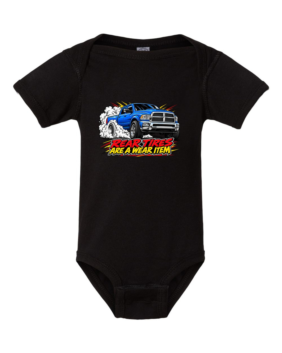 Comic ink burnout print of a 2003-2009 Dodge Ram 2500 5.9 Cummins HO black baby onesie front view with the design