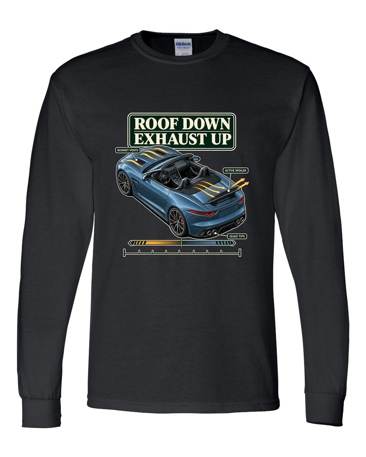 Aero cutaway callout print of the Jaguar F-Type R Convertible with roof down exhaust up text black long sleeve front view with the design