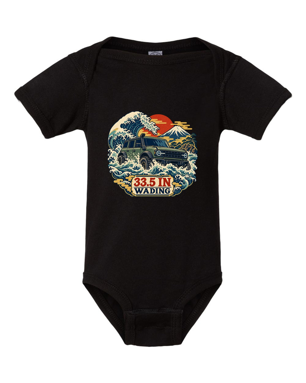 Ford Bronco 6G four-door with snorkel wading a wave in an ukiyo-e print black baby onesie front view with the design
