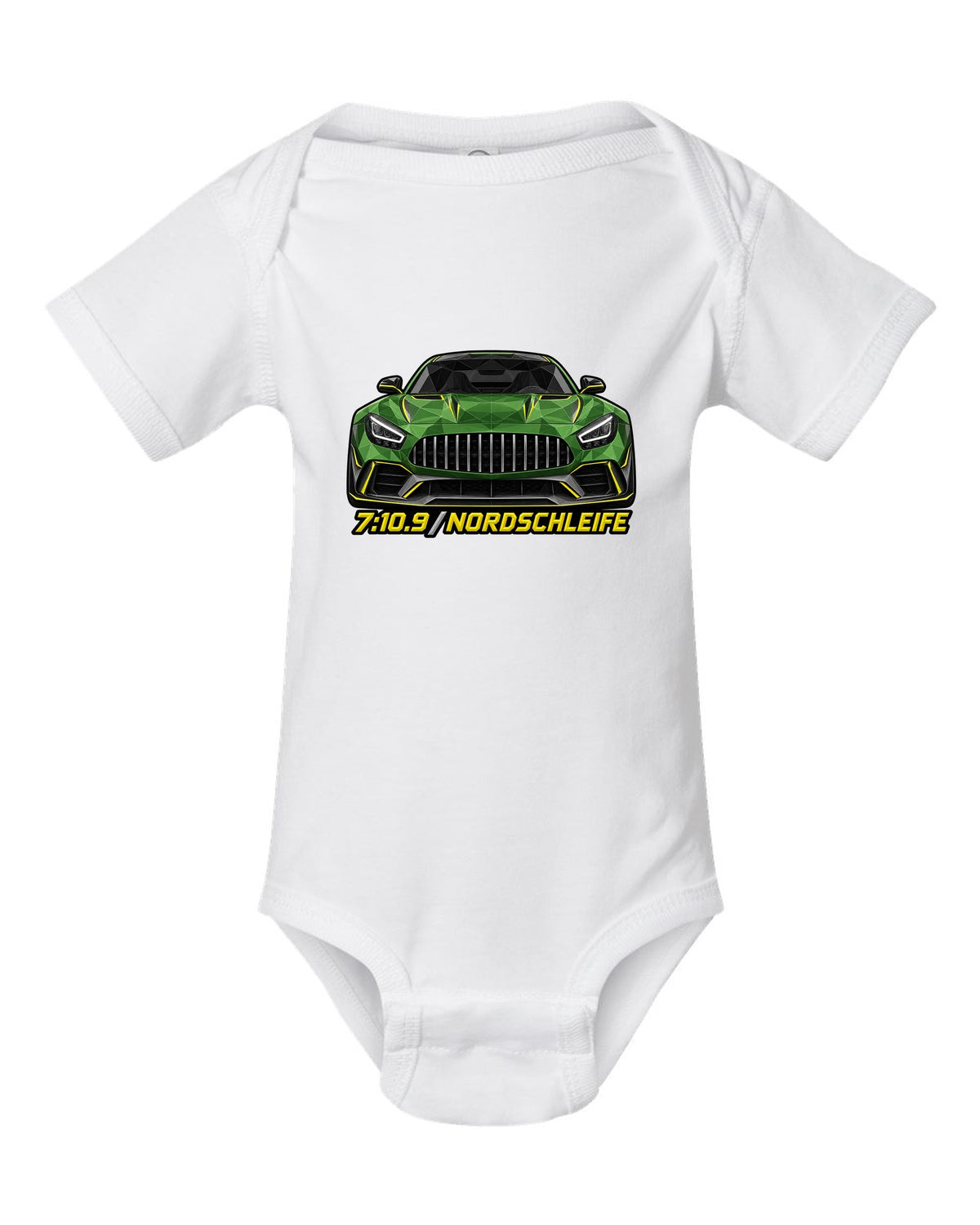 Low-poly wireframe illustration of a Mercedes AMG GT R C190 with 7:10.9 Nordschleife text white baby onesie front view with the design