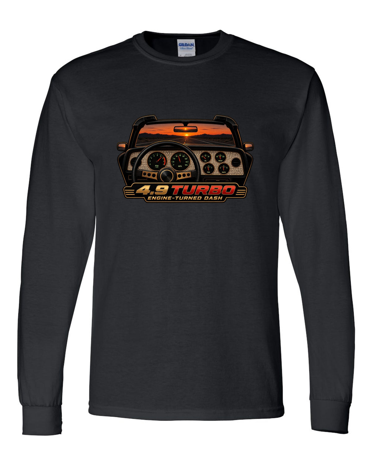 1981 Pontiac Firebird Trans Am gauge cluster HUD graphic with 4.9 Turbo text black long sleeve front view with the design