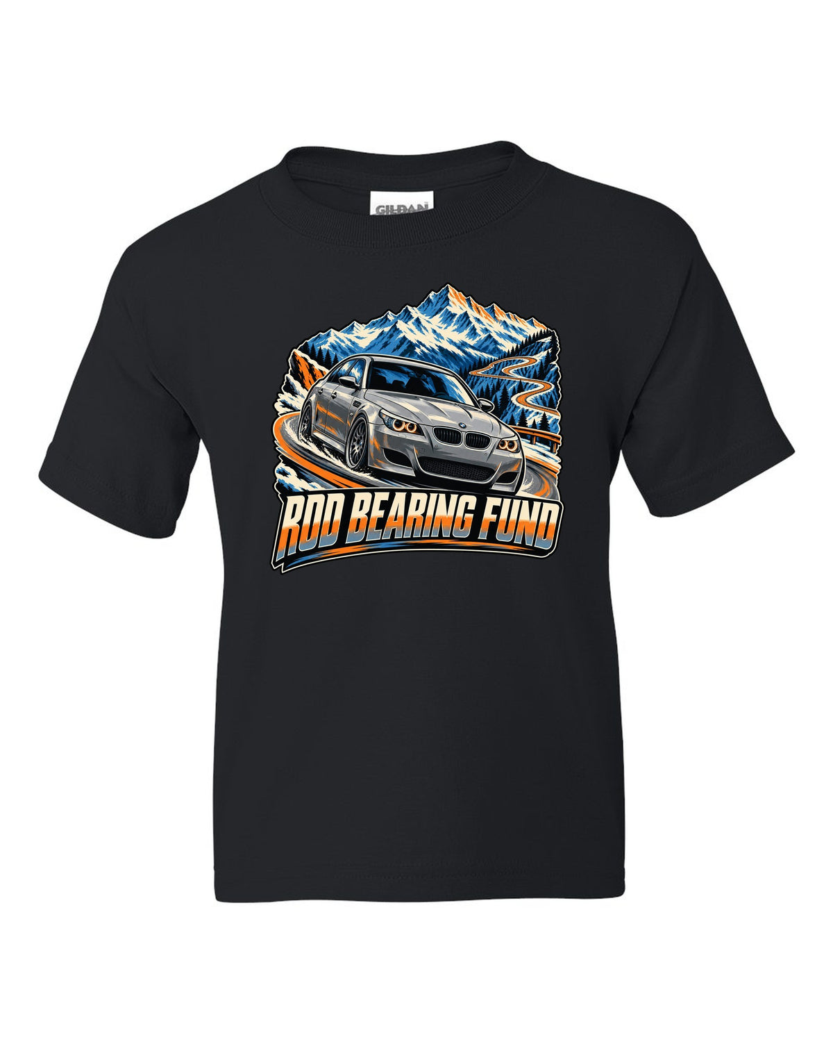 Retro Japanese showa catalogue print of a BMW M5 E28 with S38 3.5 six text black kids tee front view with the design