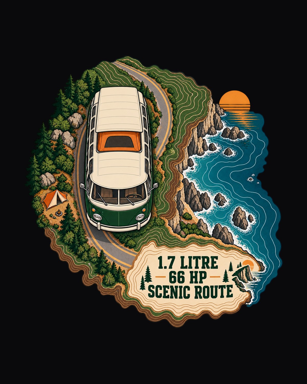 VW Bus T2 Bay Window 1972 Scenic Route Map Shirt design only