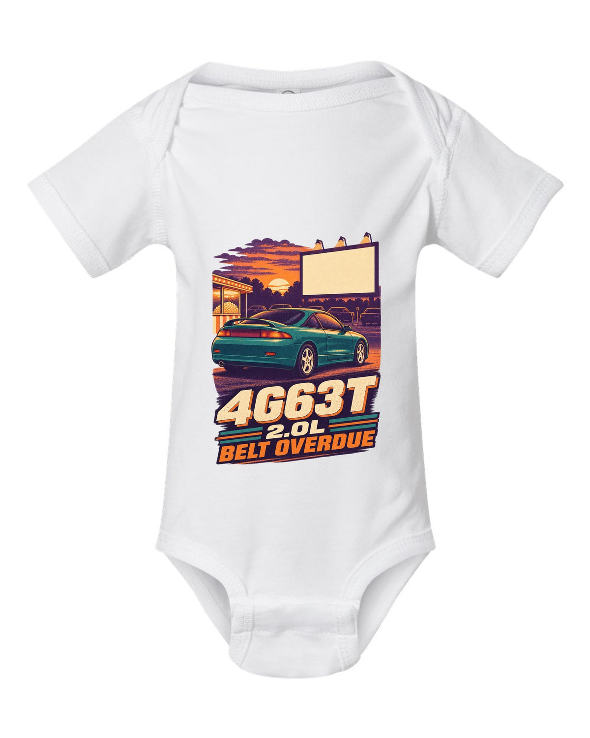 Vintage race-poster lithograph print of a Mitsubishi Eclipse 2G with 4G63T 2.0L belt overdue lettering white baby onesie front view with the design