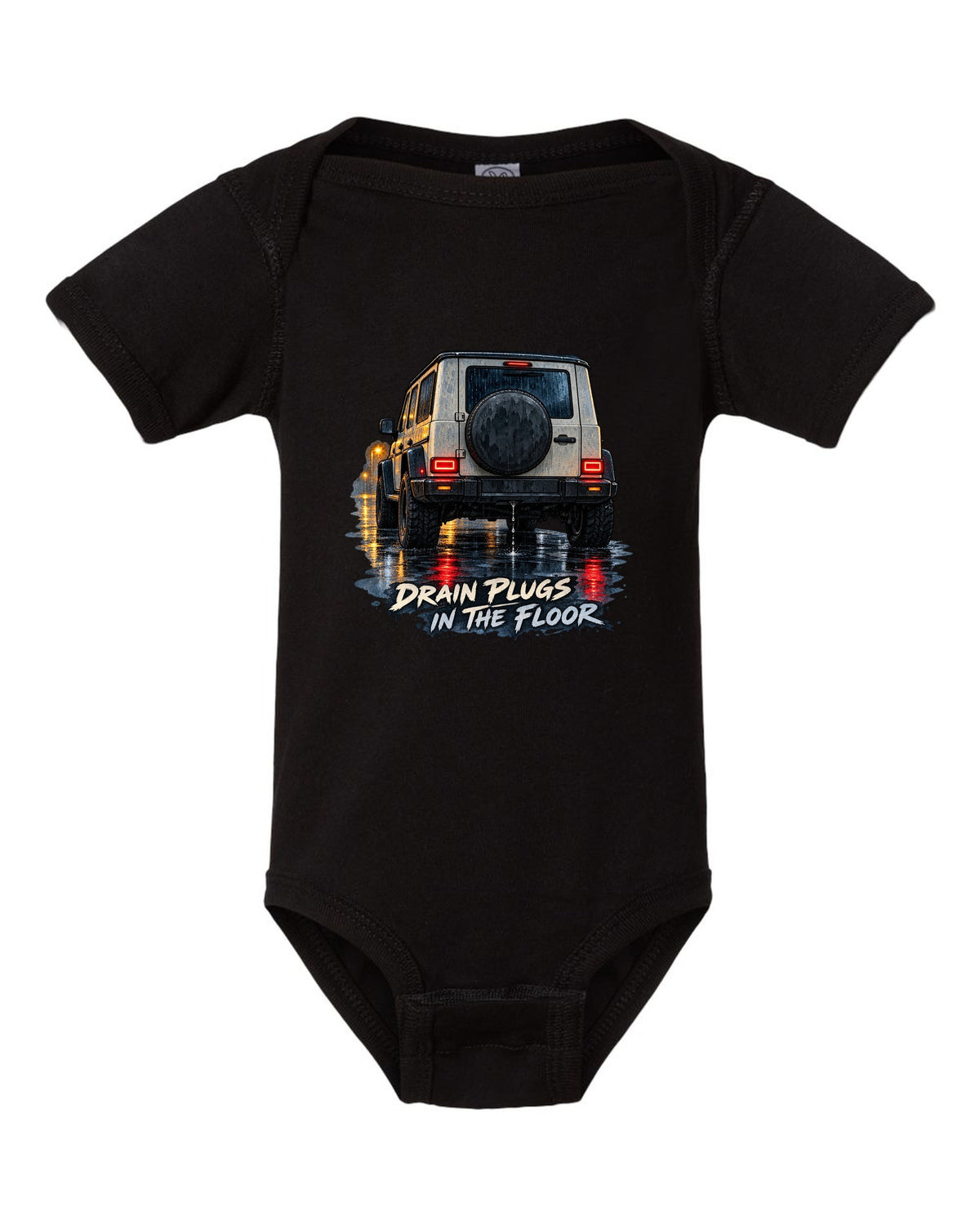Jeep Wrangler JL taillight reflections on wet road in watercolour with drain plugs in the floor text black baby onesie front view with the design