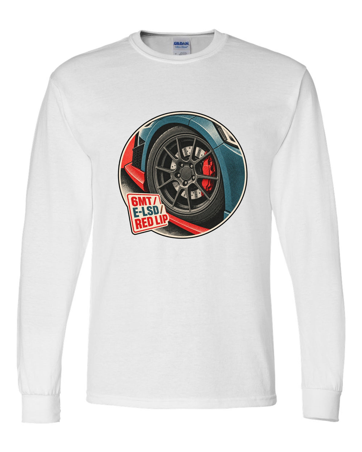 Risograph duotone print of a Hyundai Veloster N JS wheel and red front lip with 6MT E-LSD text white long sleeve front view with the design