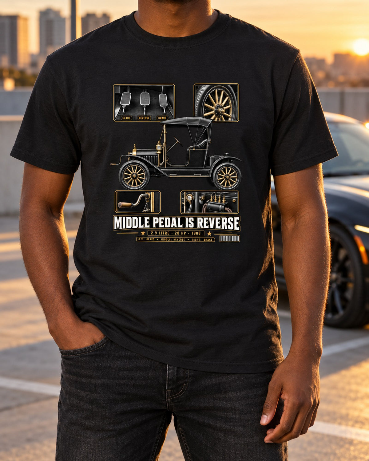 Ford Model T Pedal Layout Dossier Tee, Middle Pedal Is Reverse T-Shirt Black worn hero