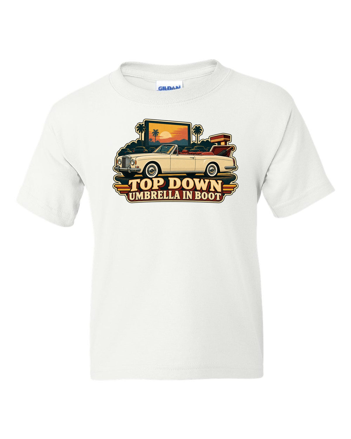 Retro Japanese showa catalogue style illustration of a 1971 Rolls-Royce Corniche convertible with TOP DOWN lettering white kids tee front view with the design