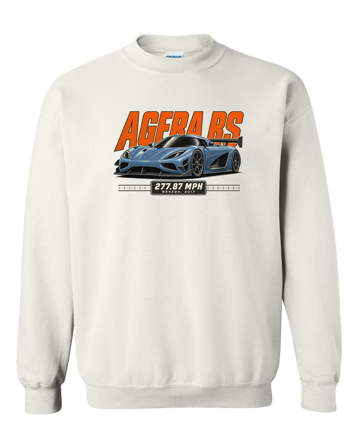 Halftone print of the Koenigsegg Agera RS with the text 277.87 mph, Nevada, 2017 white crewneck front view with the design