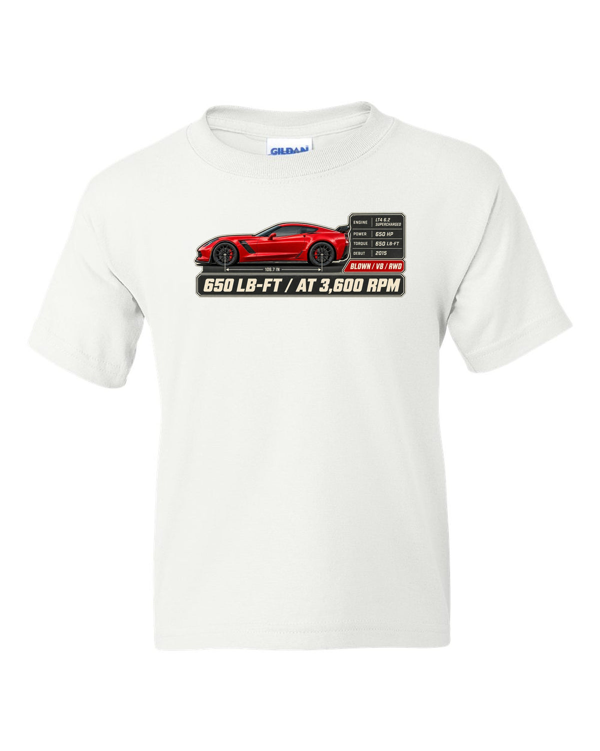 print of a Chevrolet Corvette C7 Z06 spec poster showing 650 lb-ft at 3,600 rpm white kids tee front view with the design