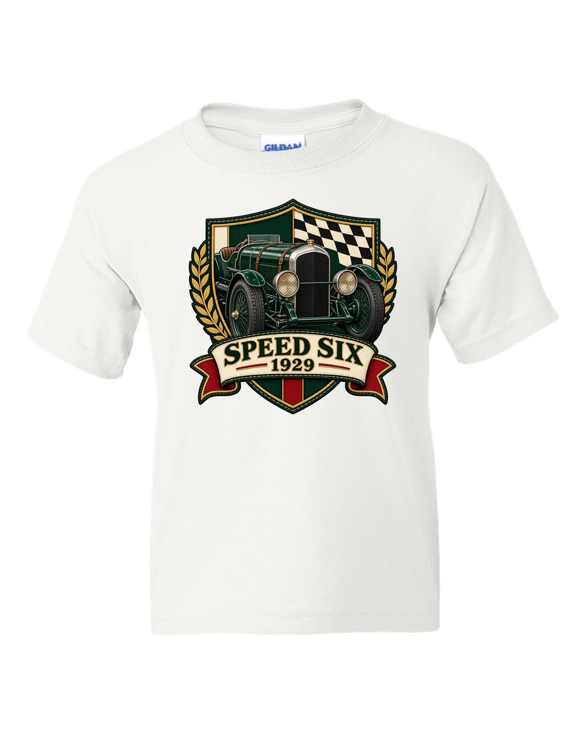 Varsity-style embroidered crest design for the 1929 Bentley Speed Six with SPEED SIX lettering white kids tee front view with the design